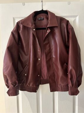 PRETTYGARDEN Wine Red Faux Leather Oversized Bomber Jacket